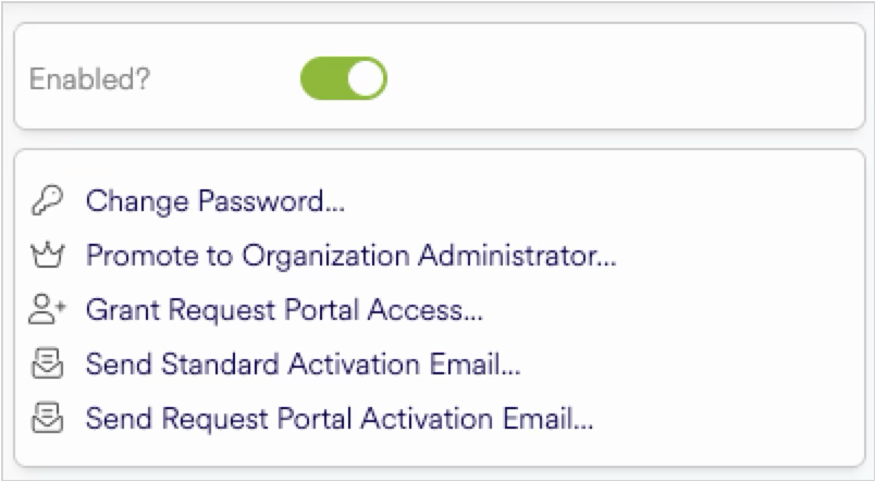 Settings menu with options for user management and activation email settings.